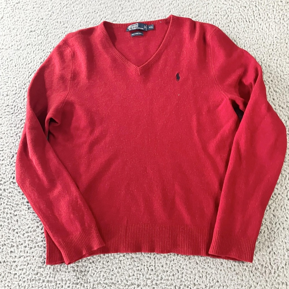 Polo Ralph Lauren Sweater Mens XXL‎ Red 100% Lambswool V Neck Pullover